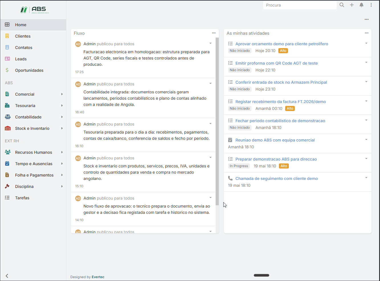 Dashboard do ABS com faturação, clientes, stock, CRM e relatórios